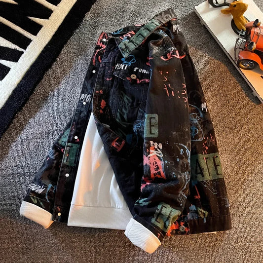 Men's Letter Graffiti Denim Style Jacket – Stylish Streetwear Outerwear for Men