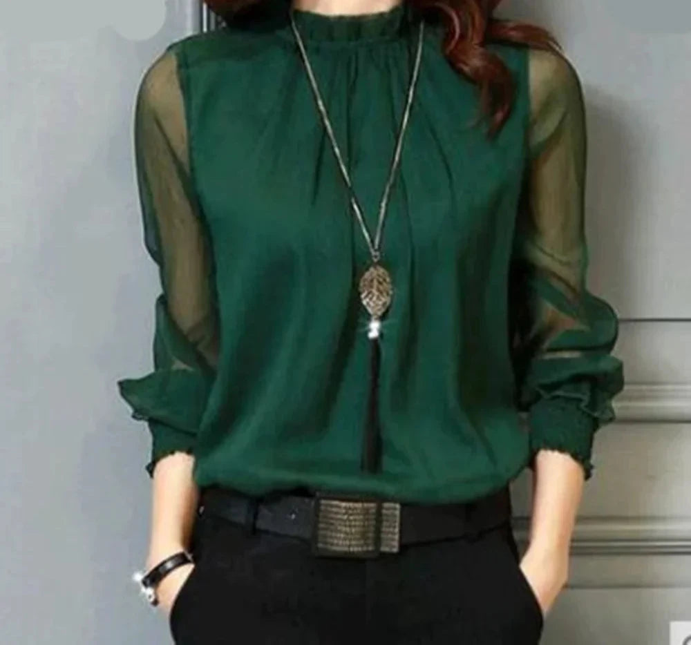 Chic Long Sleeve Ruffled Chiffon Blouse for Women - Various Colors