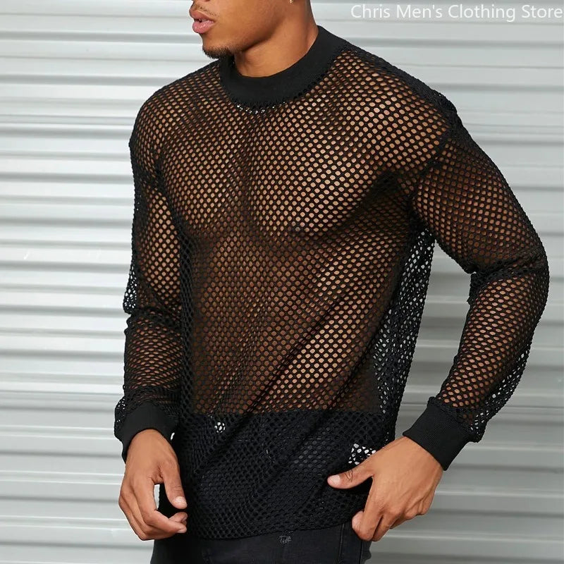 Men's Casual Transparent Mesh Long Sleeve Sweater – Breathable, Stylish, and Comfortable Knit Top