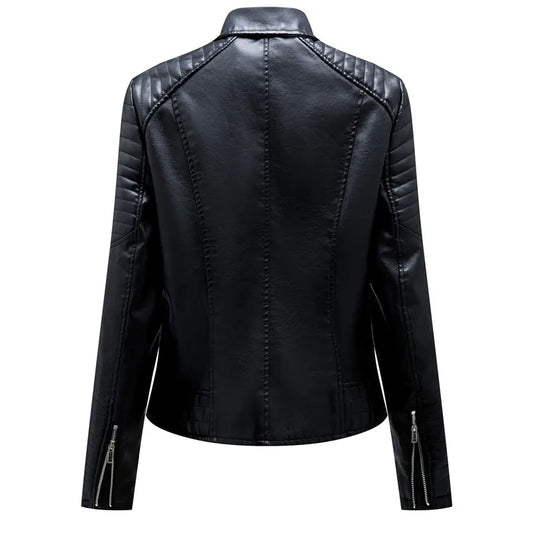 Women's Faux Leather Zipper Jacket with Front Pocket