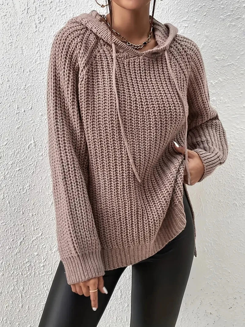 Women's Hooded Sweater with Raglan Sleeves and Split Hem Design