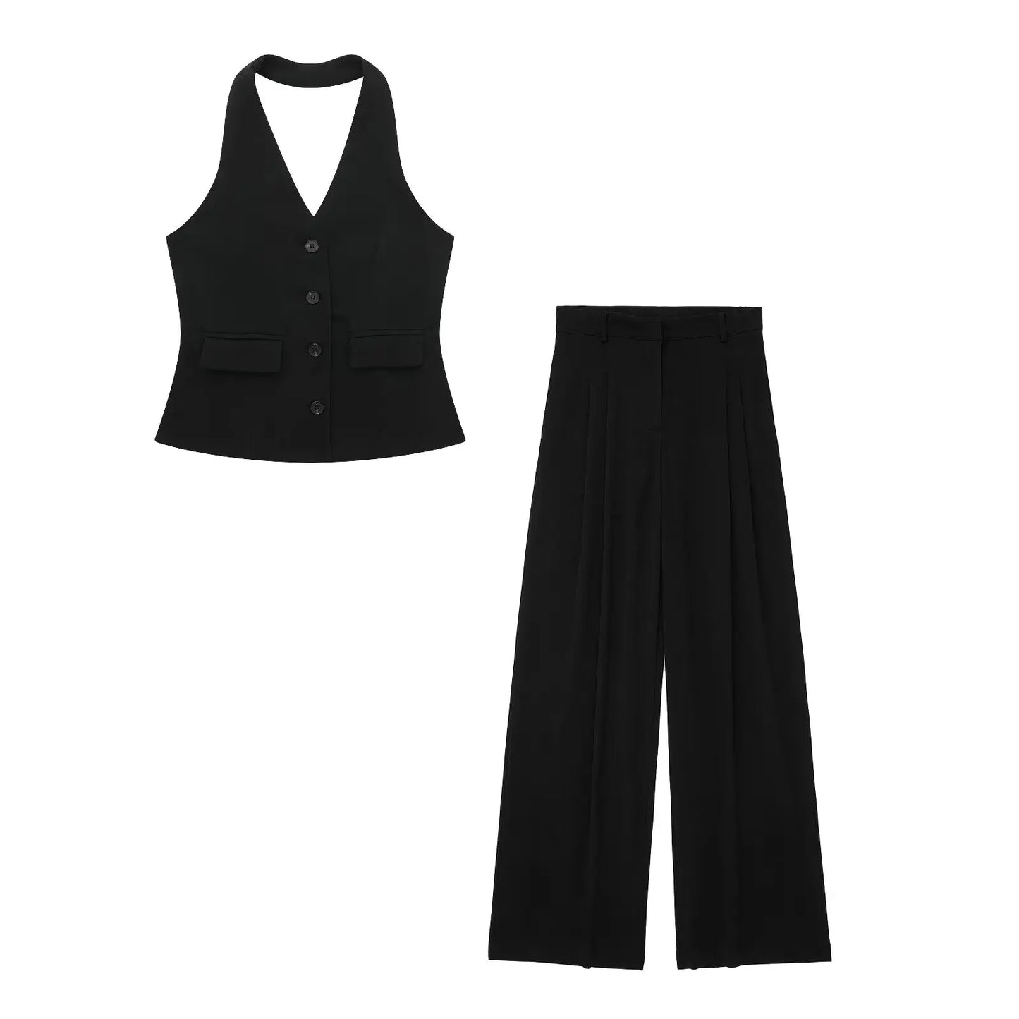 Women's Halter Neck Sleeveless Vest Top & Wide-Leg Pants 2-Piece Set