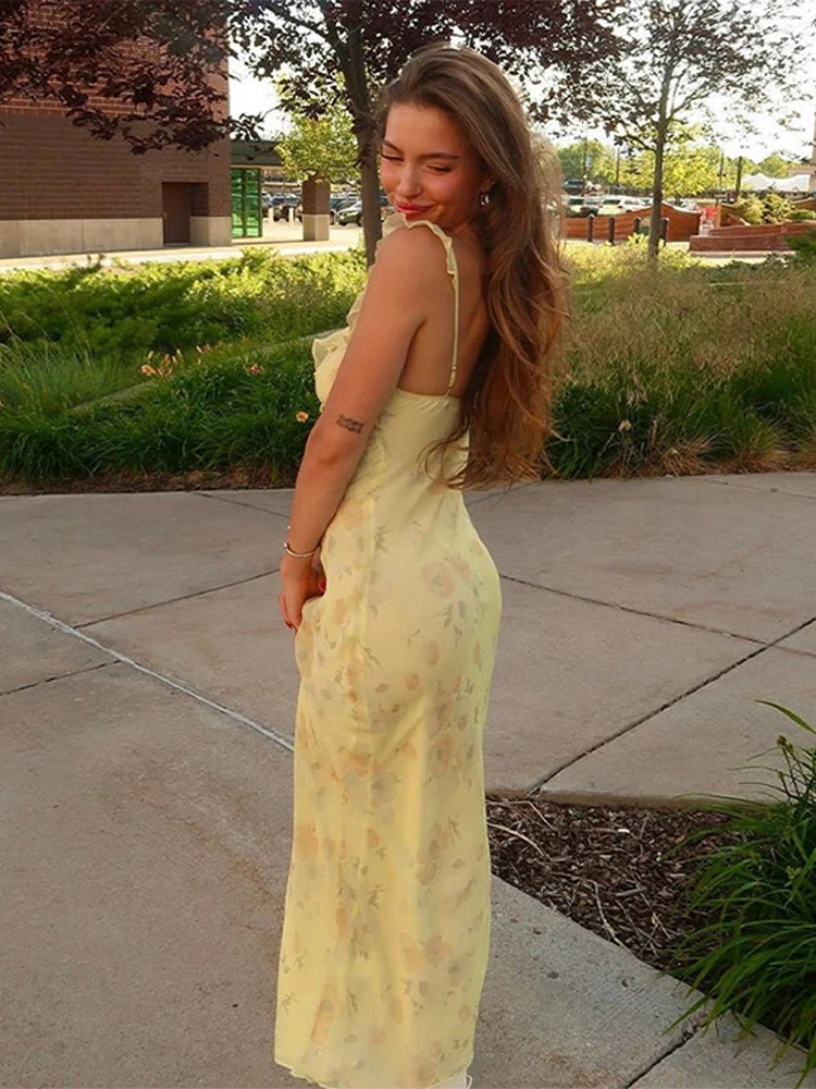 Flower Print Women's Backless Slim Fit Low-Cut Dress