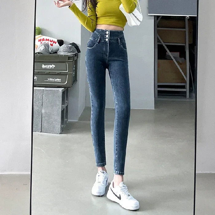 Women's High-Waisted Stretch Denim Pants with Multi-Button Closure