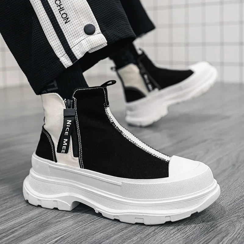 Men's High-Top Canvas Sneakers with Thick Soles and Side Zipper