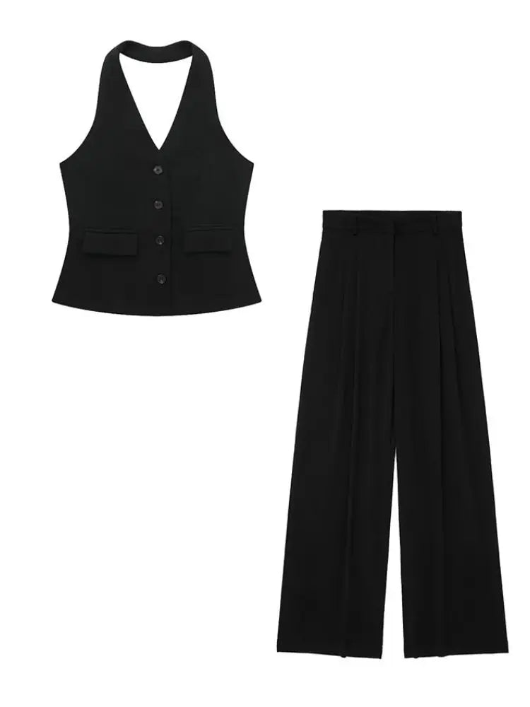 Women's Halter Neck Sleeveless Vest Top & Wide-Leg Pants 2-Piece Set