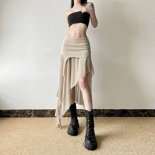Women’s Slit Skirt with Irregular Hem & Ruffle Design