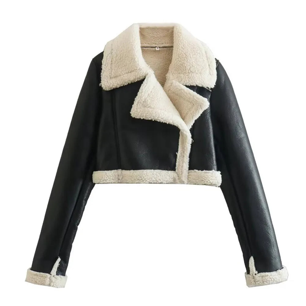 Women's Black Cropped Faux Leather Jacket with Wool Blend