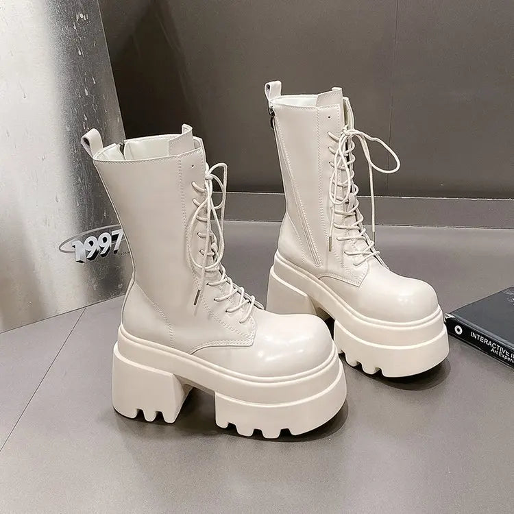 Women's Faux Leather Platform Boots - Mid-Calf Lace-Up Chunky High Heel Boots