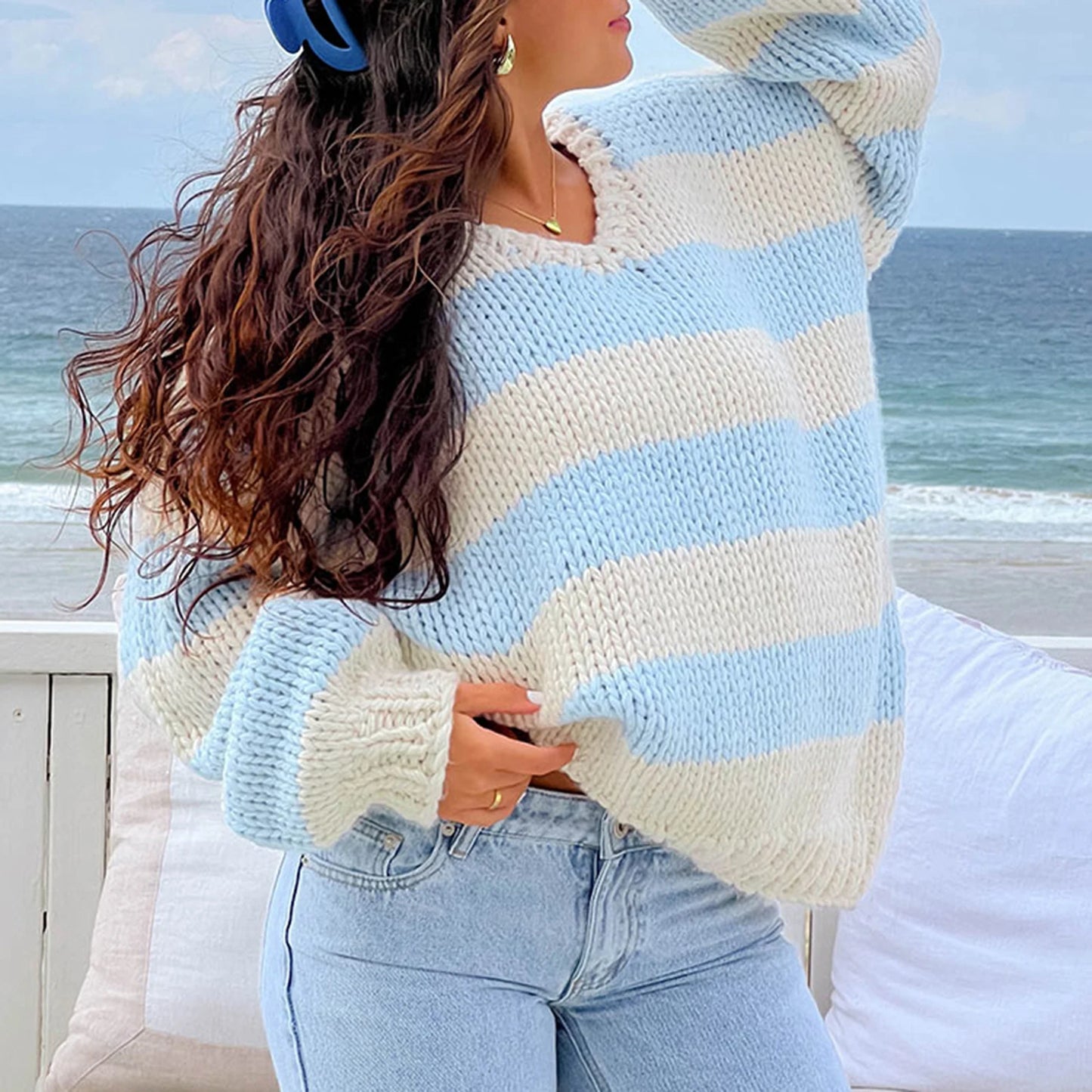 Oversized Women's Striped Chunky Knit Sweater with Drop Shoulders