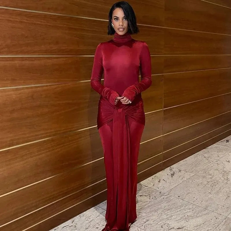 Tight-Fitting Lace-Up High Neck Long Sleeve Bodycon Dress for Women