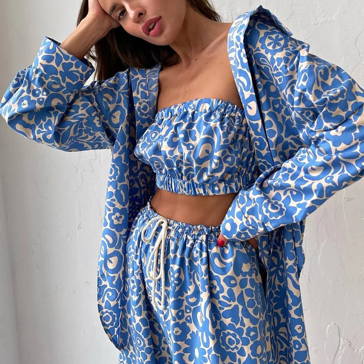 Women's 3-Piece Set: Long Sleeve Blouse, Sleeveless Tube Top, and High Waist Pants