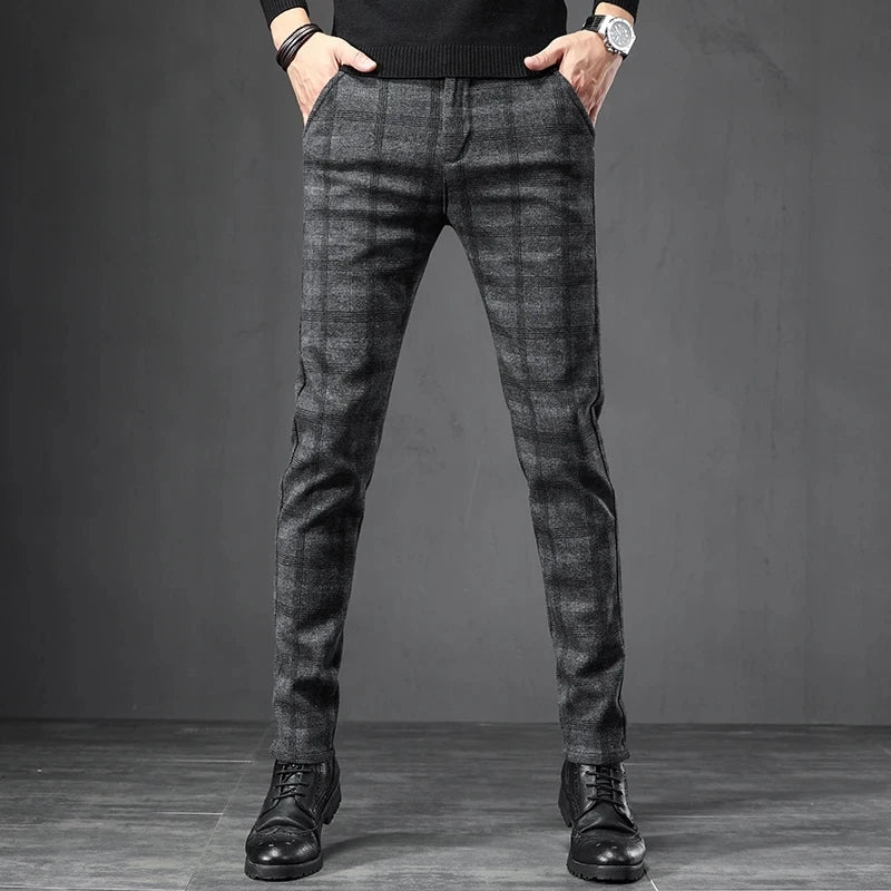 Men's Slim Fit Elastic Waist Brushed Plaid Pants