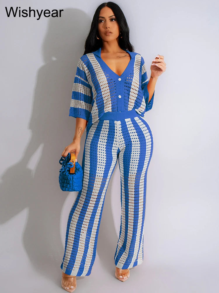 Wishyear Women's Two-Piece Striped Knit V-Neck Hollow Out Button Top & Wide Leg Pants Set