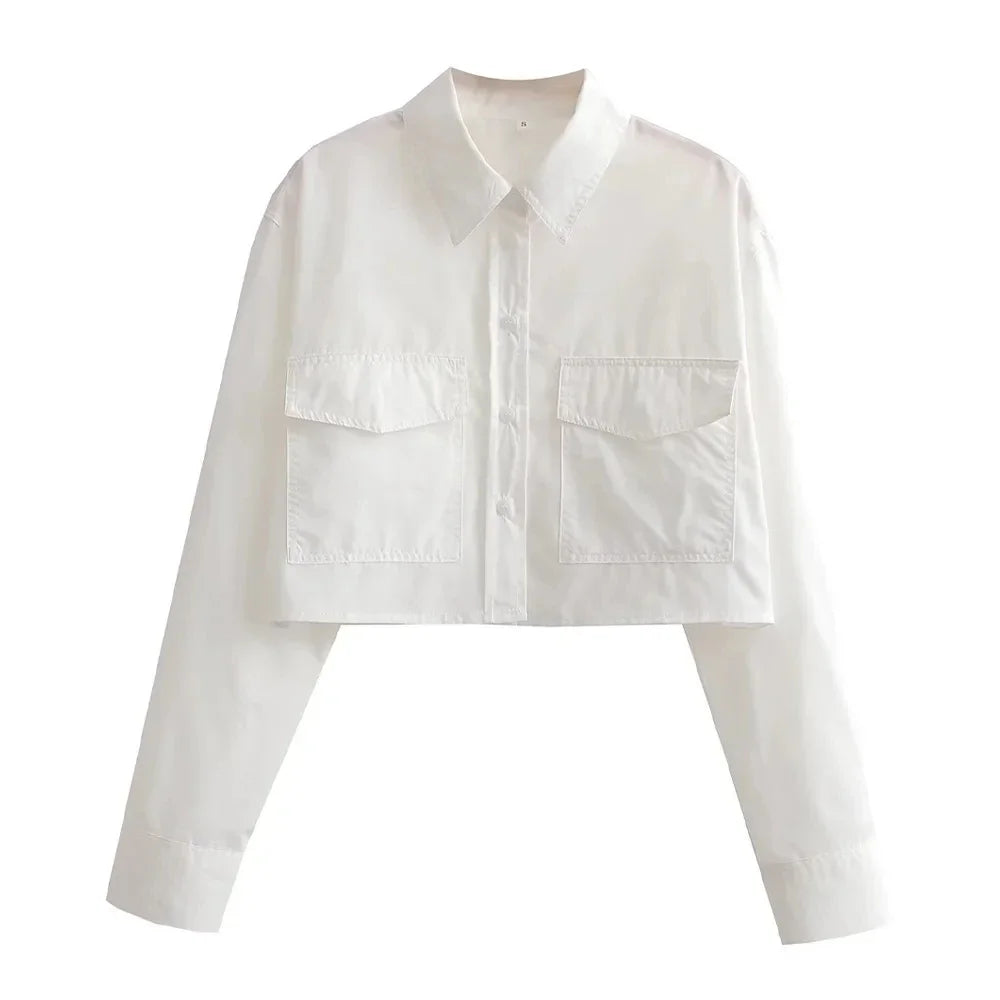 Women's Cropped Button-Up Blouse - Stylish Female Short Sleeve Shirt