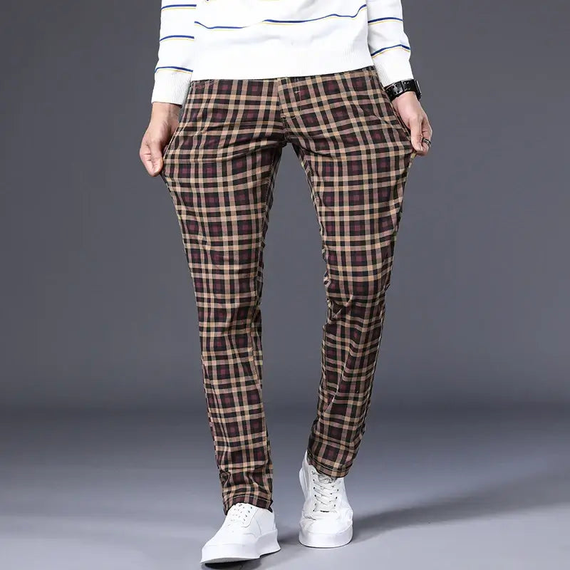 Men's Slim Fit Classic Pants - Stretch Cotton Checkered Trousers