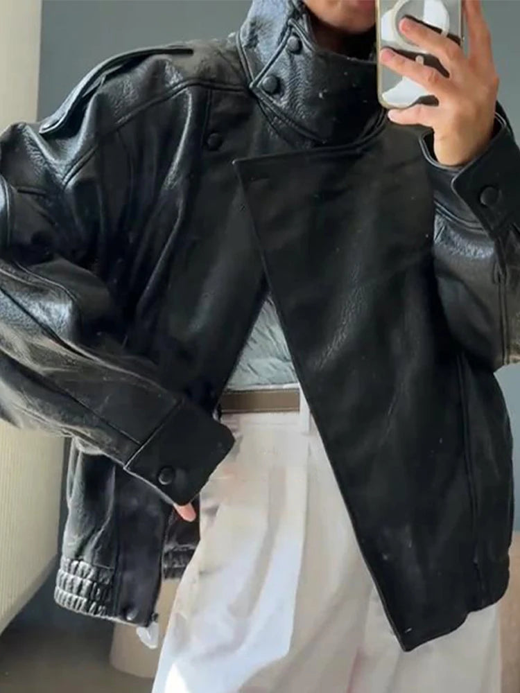 Women's Stand Collar Faux Leather Jacket with Double Button Closure