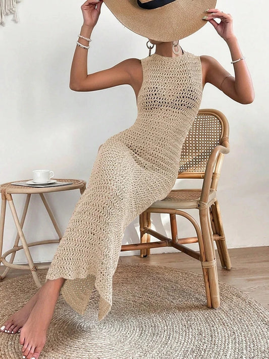 Women's Elegant Hollow-Out Dress with Waist Clip - Slim Fit