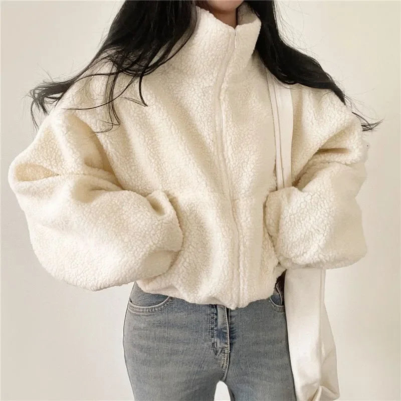 Women's Plush Faux Wool Jacket - Thick Warm Zip-up with Stand Collar