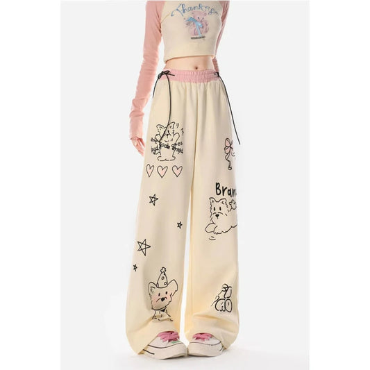 Women's Hand-Painted Loose Fit Straight Sweatpants - Elastic High-Waist with Drawstring