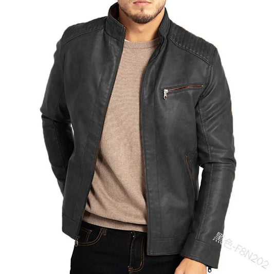 Men's PU Leather Jacket with Stand-Up Collar