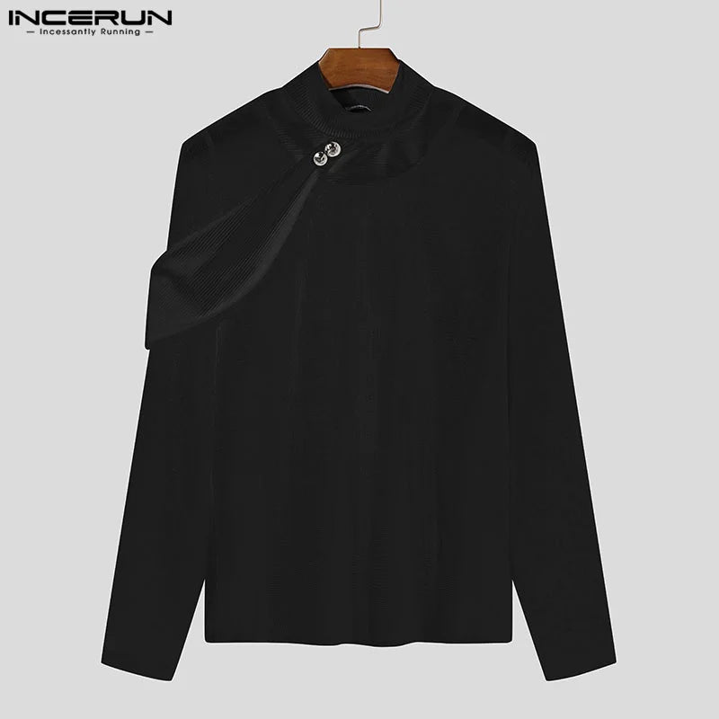 INCERUN Men's Mesh Splicing High Neck Sweater - Thin & Textured Knitwear