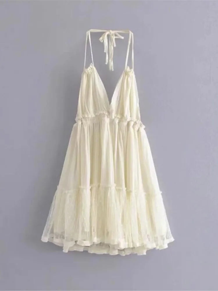 Women's Bow-Back Lacing Halter Collar Mesh Pleated Mini Dress
