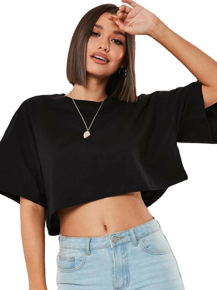 Cotton Loose Fit Short Sleeve Crop Top for Women