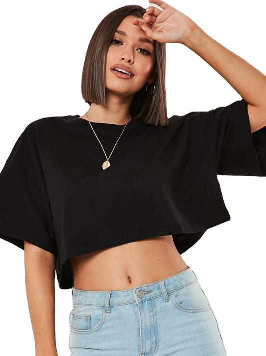Cotton Loose Fit Short Sleeve Crop Top for Women