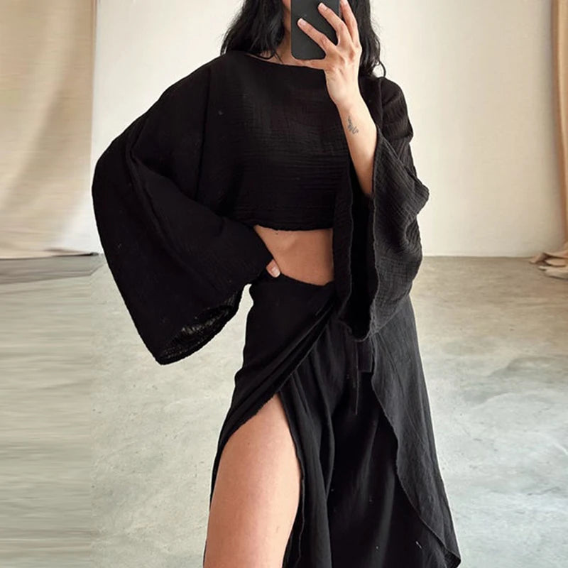 Women's Cotton Linen 2-Piece Long Sleeve Crop Top & Lace-Up Ruffle Pants Set