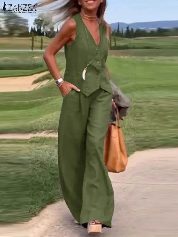 Womens Two Piece Sleeveless Vest Shirt and Trousers - Matching Set