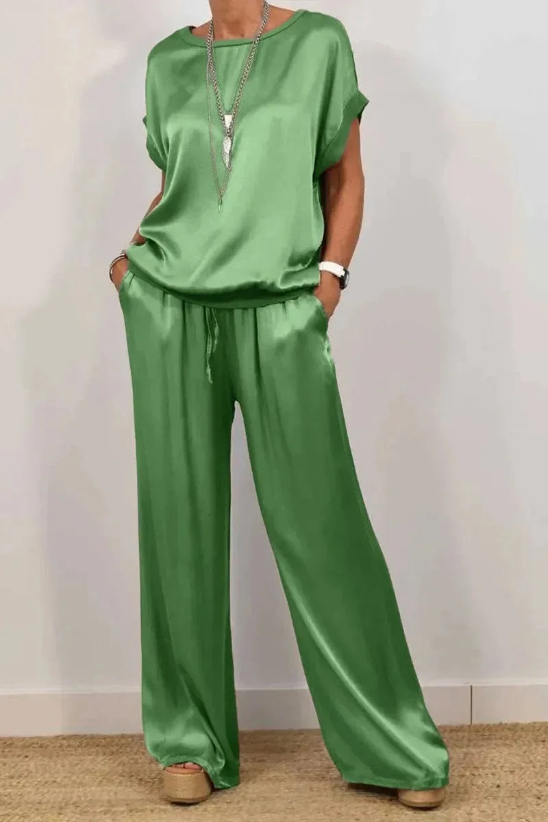 Women's Smooth Satin Two-Piece Set: Short Sleeve Top & Wide Leg Pants