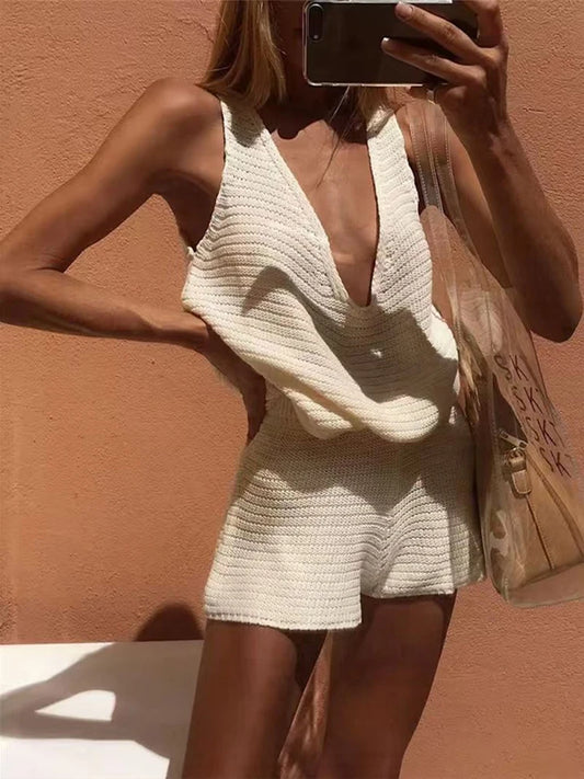 Knitted Women's Two-Piece Set with Deep V-Neck Sleeveless Loose Vest and Lace-Up Short