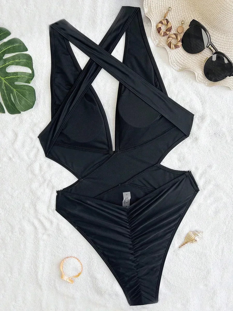Women's Deep V Neck Cross Backless One-Piece Swimsuit - High Cut, Stylish & Flattering Swimwear