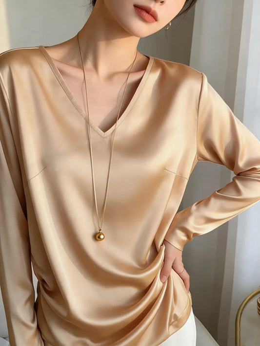 Women's Satin Feel V-Neck Long Sleeve Loose Elegant Blouse
