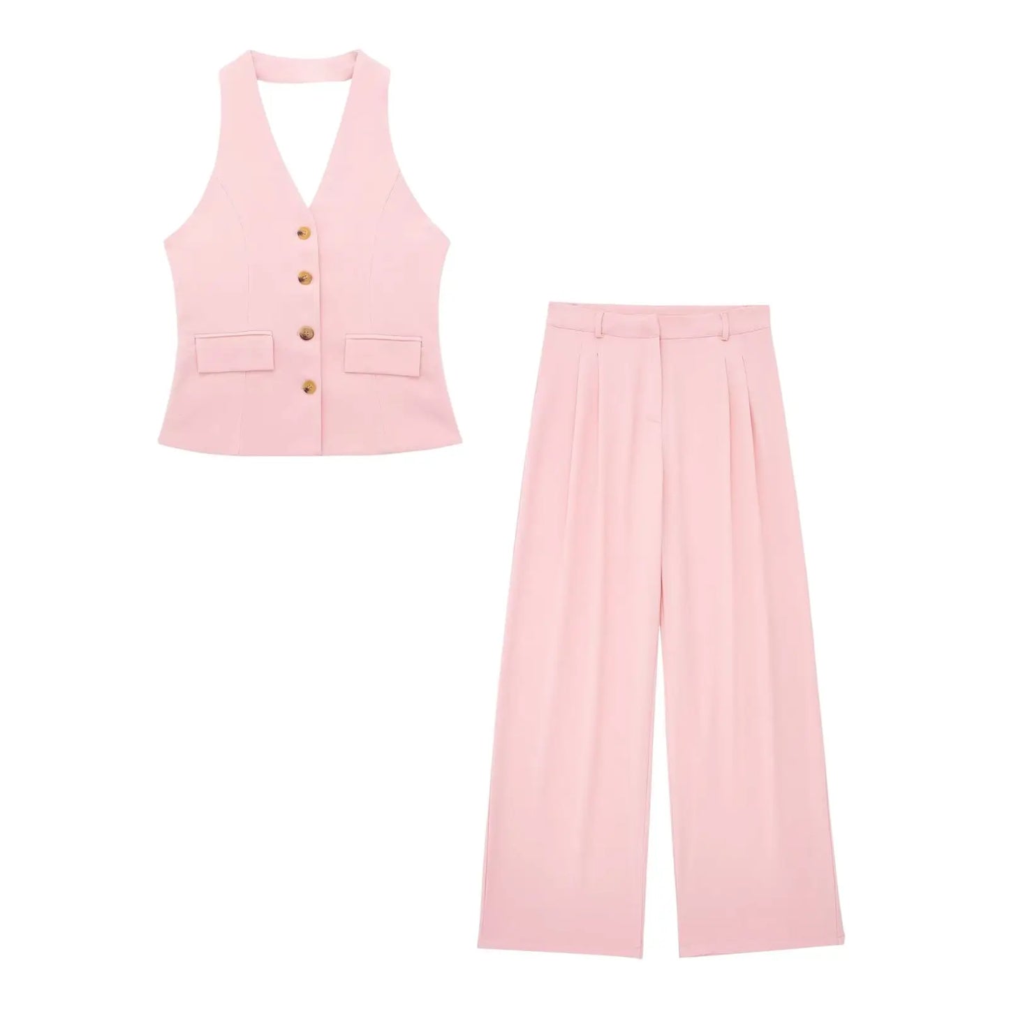 Women's Halter Neck Sleeveless Vest Top & Wide-Leg Pants 2-Piece Set