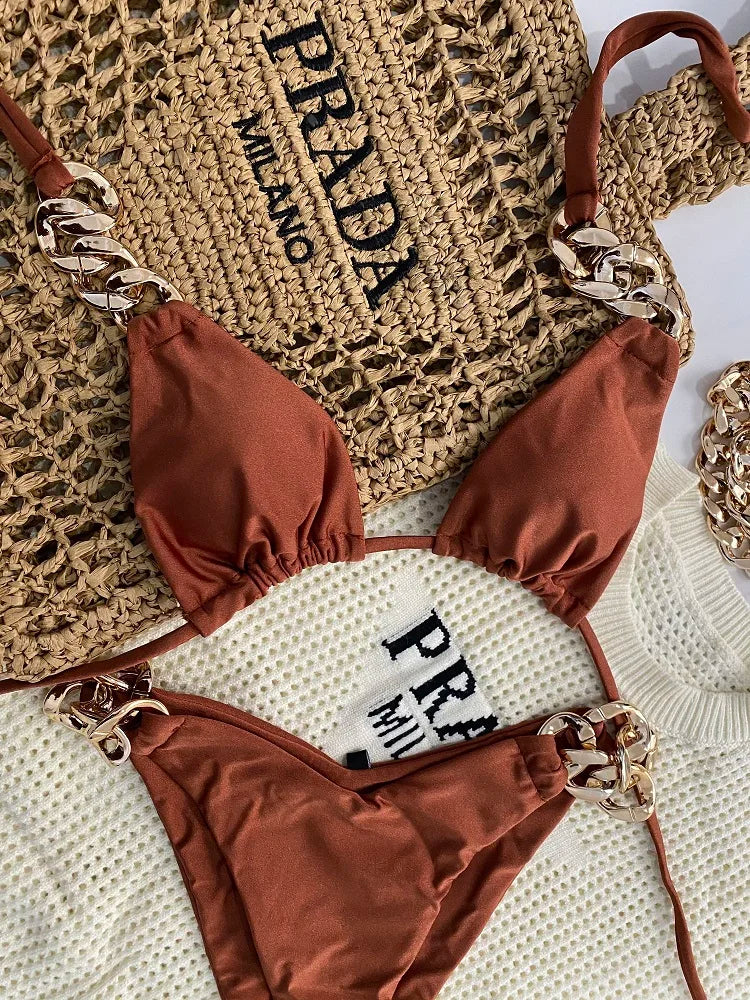 Women's Two-Piece Halter Bikini Set with Push-Up Triangle Top - Various Colors