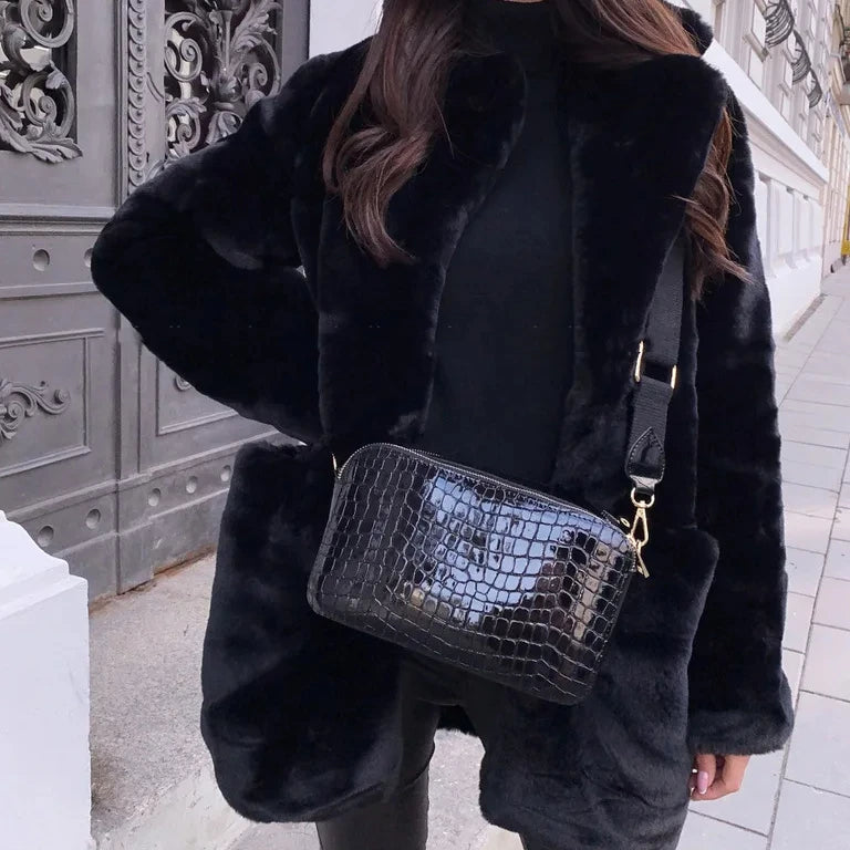 Women's Thick Warm Faux Fur Long Coat Jacket with Woven Block Design