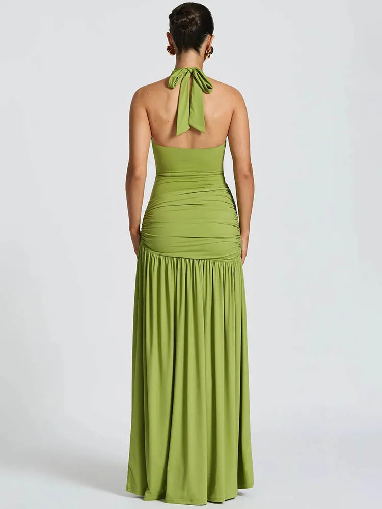 Elegant Two Piece Backless Maxi Dress for Women - Halter Neck, Ruched Design, Side Split Evening Gown