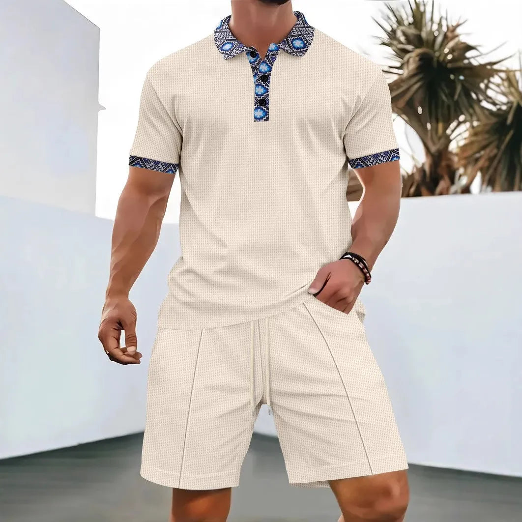 Men's Two-Piece Zip-Up Lapel T-Shirt and Shorts Set - Casual Summer Activewear