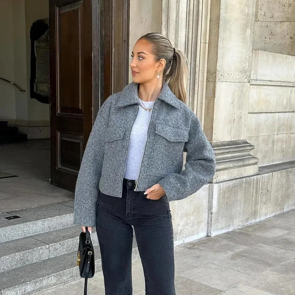 omen's Long Sleeve Woolen Zipper Jacket with Pockets