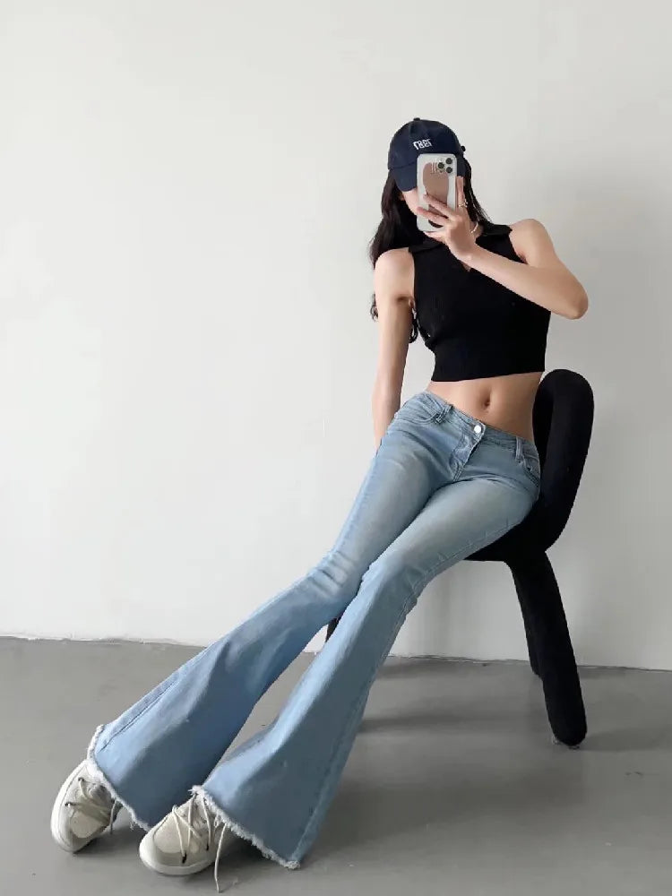 Women's Low Waist Flare Jean Pants - Vintage Stretch Denim for Women