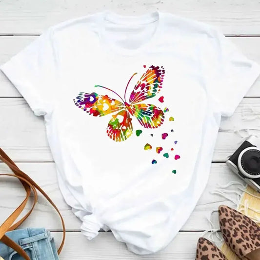 Women's Short Sleeve Round Neck T-Shirt with Colorful Butterfly Petal Print