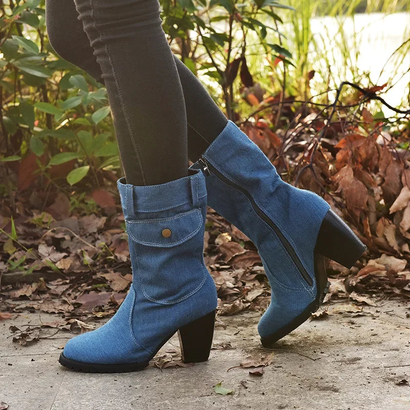 Women's Pointed Denim-Style High Heel Boots
