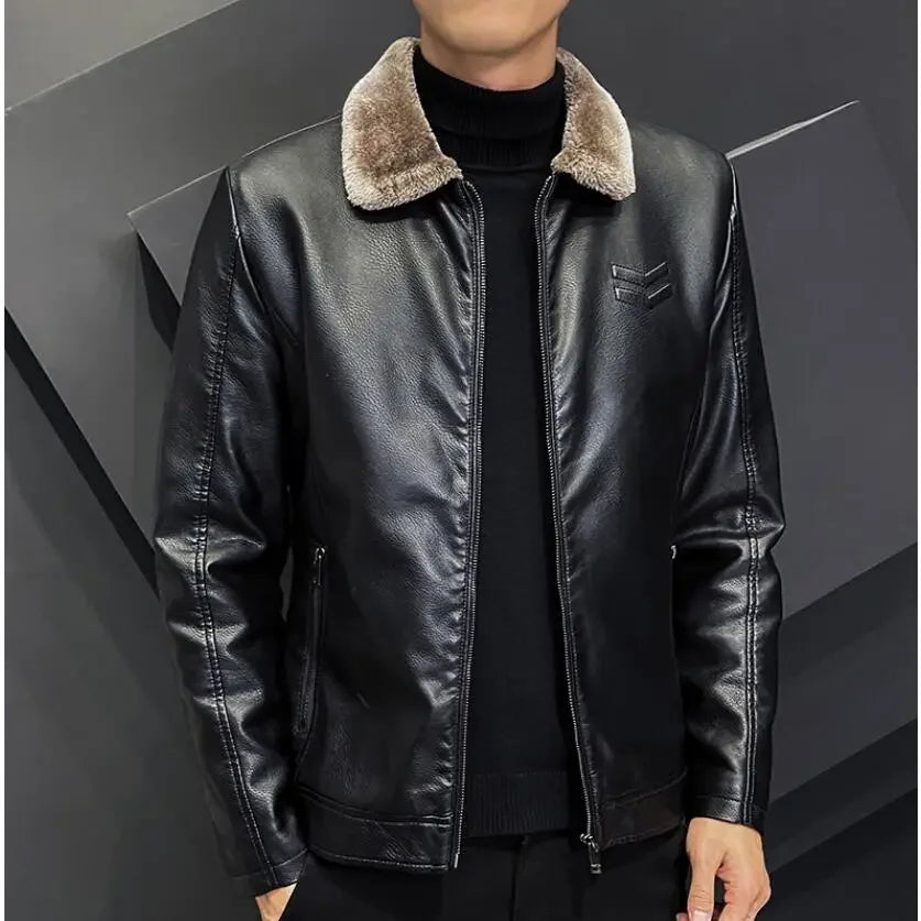 Men's Vintage Faux Leather Jacket with Faux Fur Collar - Various Colors