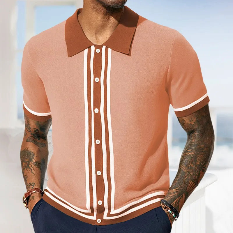 Men's Breathable Striped Knit Patchwork Polo Shirt - Short Sleeve Button-Up
