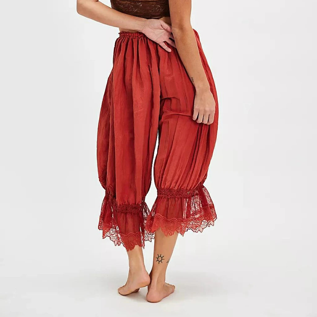 Women's Floral Lace Loose Fit Cropped Pants - High Waist Drawstring Calf-Length Lantern Bloomers
