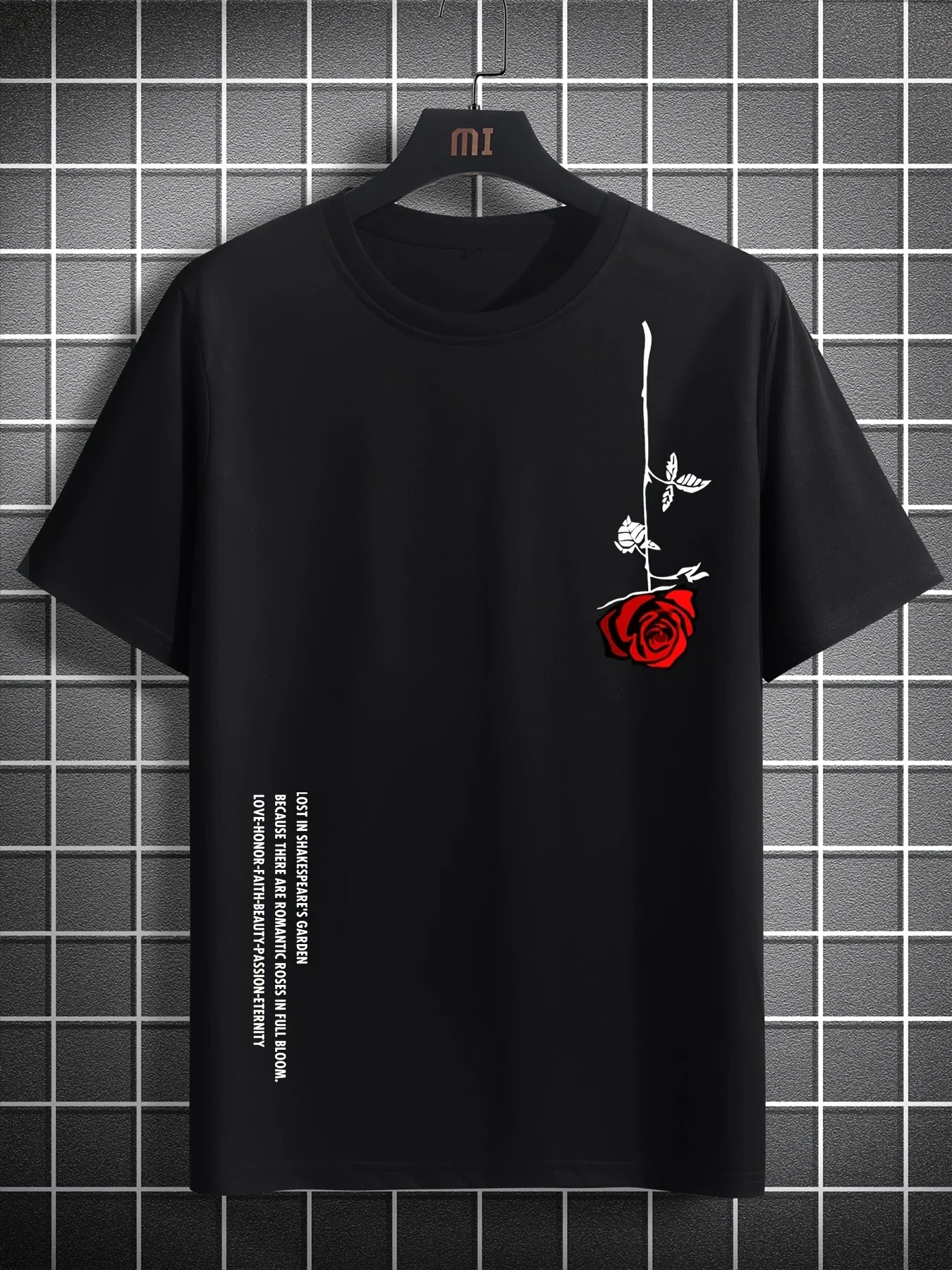Men's Slim Fit Casual T-Shirt – 100% Cotton Rose Print Short Sleeve Round Neck Tee