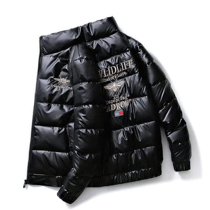 Men's Glossy Thickened Parka Jacket with Stand Collar