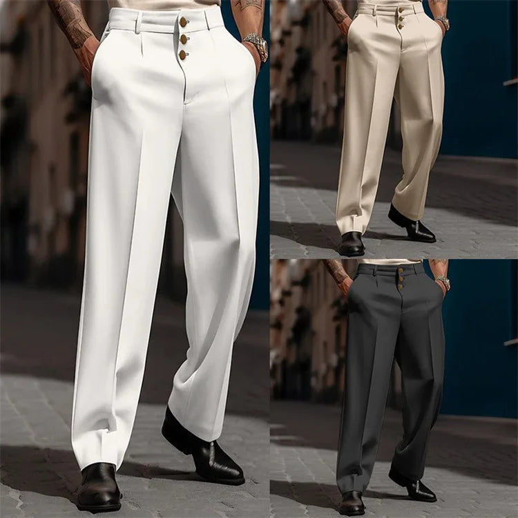 Men's Mid-Waist Loose Fit Straight Leg Trousers with Button Closure